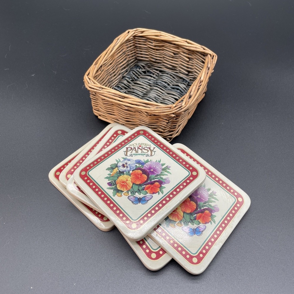 VTG Docs Imperial Pansy 6 Floral Cork Underside Metal Coasters With Basket